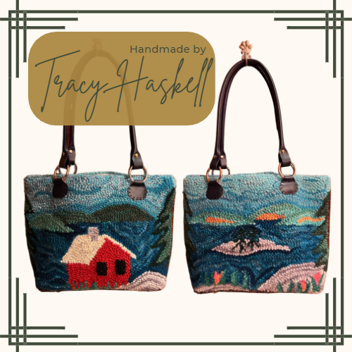 Punch Needle Bag Handmade by Tracy Haskell showing a coastal Maine scene with a red hour and a small island