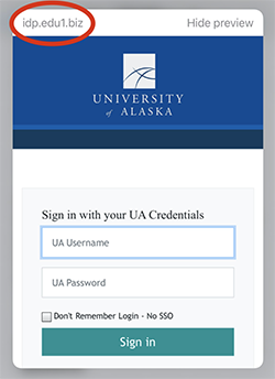 Screenshot of fake SSO page with non-UA URL circled