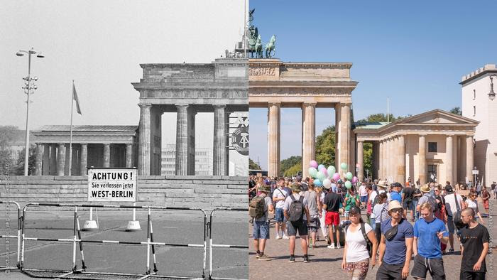 Colagem de fotos mostra antes e depois do Portão de Brandemburgo com barreiras fronteiriças antes de 1989 (à esquerda) e turistas após a queda do Muro de Berlim (à direita).