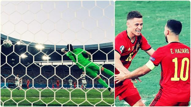 A split image as Thorgan Hazard's strike swerved away from Rui Patricio and he then raced to celebrate with his brother, Eden