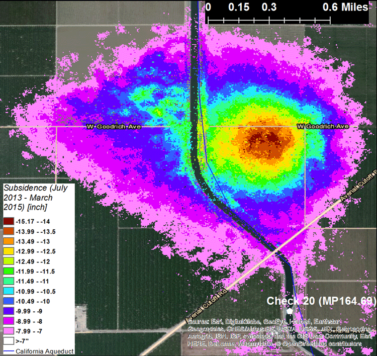 NASA's UAVSAR measured
cumulative vertical ground movement impacting the California Aqueduct near Huron and Kettleman City from July 2013 to March 2015. The colored overlay
shows areas where subsidence exceeded 7 inches (17.8 centimeters). UAVSAR pixel resolution is 20 by 20 feet (6 by 6 meters). Credits:
NASA/JPL-Caltech