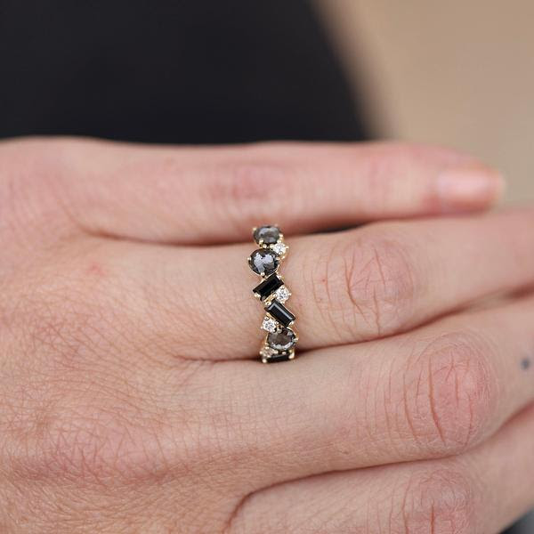 Yellow Gold Mixed Cut Black Night Quartz &amp; Black Spinel Ring