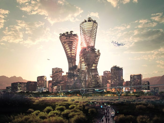 Renderings of futuristic towers appear in skyline of Telosa, a city created by Marc Lore
