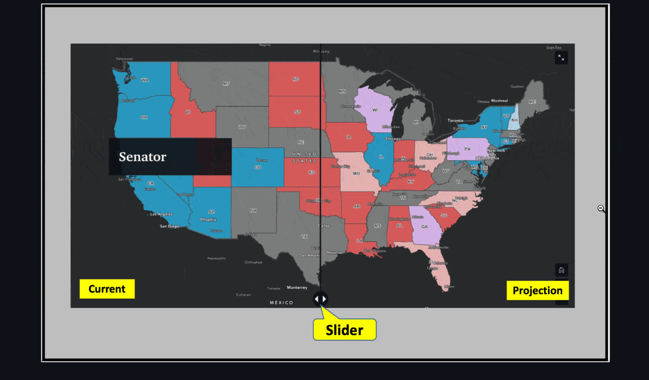 A slider helps compare two situations side by side. This map shows the current and projected future status of a voting district on the same map. Users swipe sideways to see how their votes make a difference.