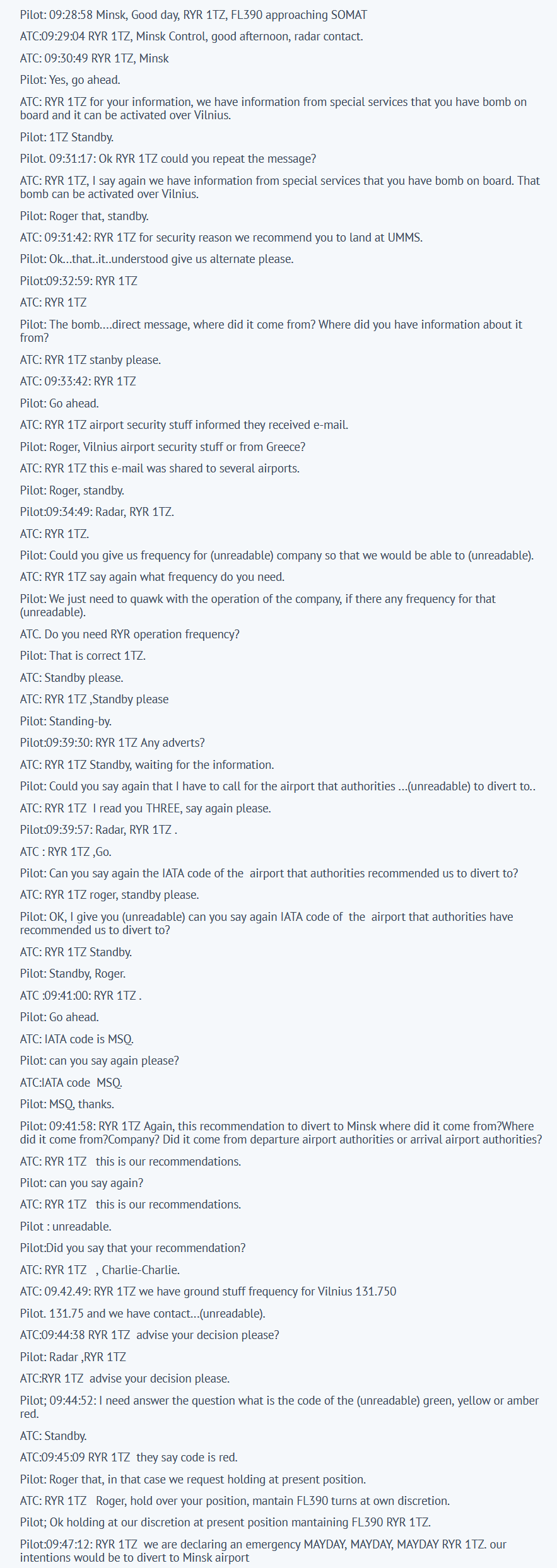 Transcription de la discussion entre l'aiguilleur biélorusse et le pilote de Ryanair