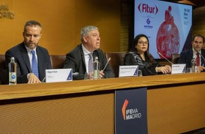 Los participantes durante la rueda de prensa de FITUR durante su intervención.