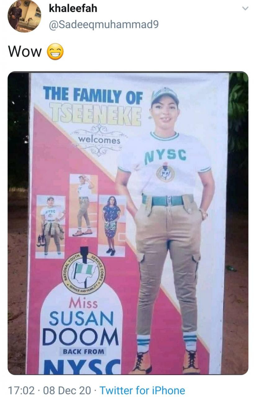 Nigerians react as family prints banner to welcome daughter from NYSC