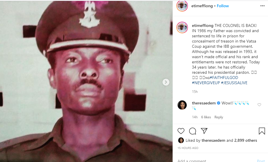 Actor Etim Effiong shares excitement after his father, Ex Lt. Col. Moses Effiong received a presidential pardon after 34 years 