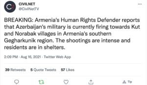 Azerbaijan’s military reportedly firing on two villages in southern Armenia