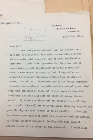 Anthony de Rothschild’s letter to Duff Cooper warning of the growth of antisemitism