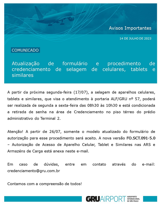 Comunicado GRU AIRPORT  - ATUALIZAÇÃO DE FORMULÁRI