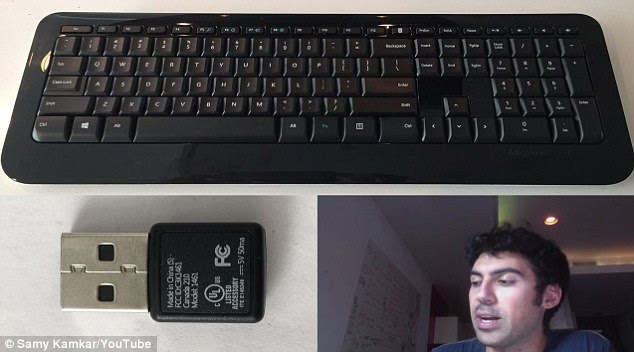 Samy Kamkar (pictured bottom right) has released instructions (video grab pictured) for building a KeySweeper, but advises against people doing so without an electrical background. Mr Kamkar used Microsoft keyboards (pictured top) as an example because they use the same protocol and encryption