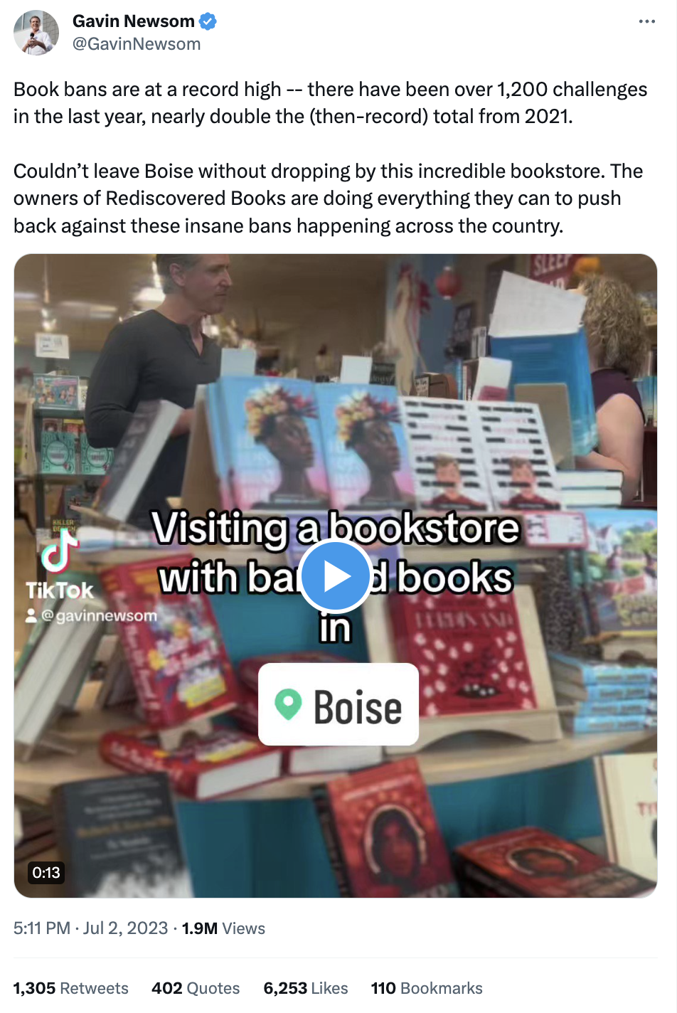 Book bans are at a record high -- there have been over 1,200 challenges in the last year, nearly double the (then-record) total from 2021. Couldn’t leave Boise without dropping by this incredible bookstore. The owners of Rediscovered Books are doing everything they can to push back against these insane bans happening across the country.