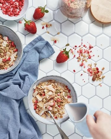 White tile with cereal bowls