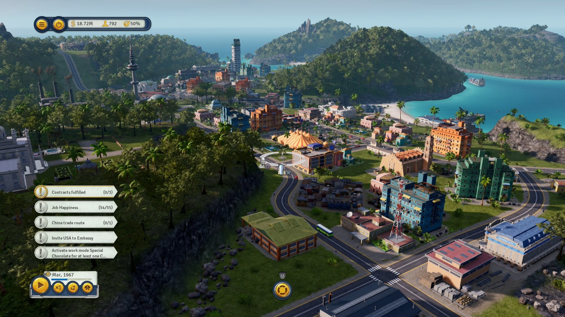 A screenshot of the game Tropico, showing several buildings in a tropical environment