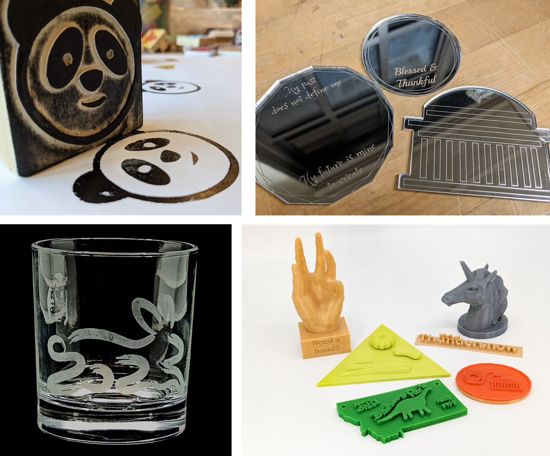 four projects: a stamp of an icon of a panda face, three small acrylic mirrors cut to various shapes, a short glass with year of the rabbit art etched onto it, a variety of 3D printed objects