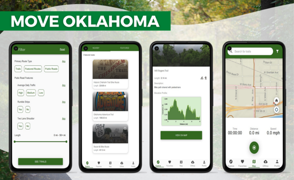 Graphic showing the features of the MoveOK mobile app, including distances, maps and elevations of hiking and bicycle trails 