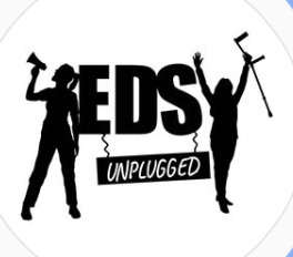 A Logo showing two people; one with a loud speaker and one with a crutch. Words: EDS unplugged