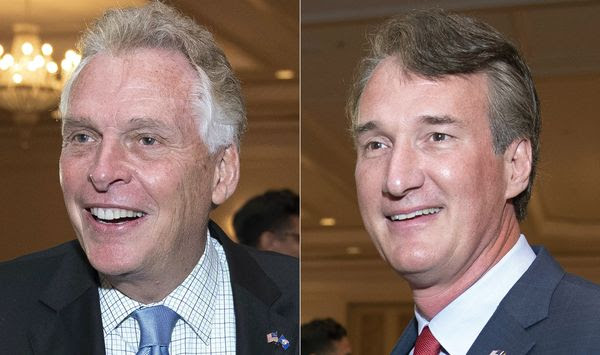 In this combination photo, Virginia gubernatorial candidates, Democrat Terry McAuliffe left, and Republican Glenn Youngkin appear during the Virginia FREE leadership luncheon, in McLean, Va., on Sept. 1, 2021. (AP Photo/Cliff Owen) ** FILE **