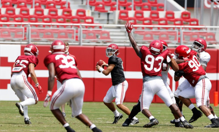 Bryce Young attempts a pass at Alabama's second scrimmage