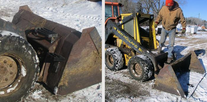 Split photo with closeup of steps welded to loader bucket and second image with man using steps to descend skid steer loader