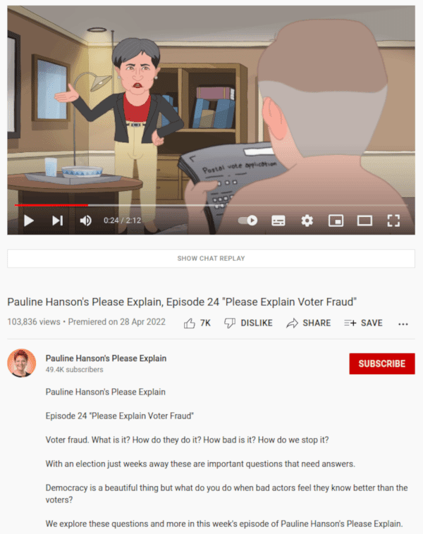 Screenshot of the YouTube player upload with One Nation&rsquo;s Voter Fraud cartoon