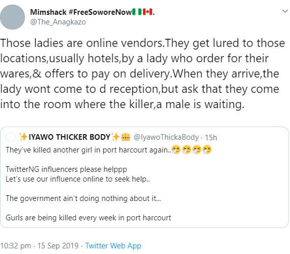 Outrage on Twitter as women protesting the Port Harcourt serial killings carry placard blaming the victims found dead in hotels