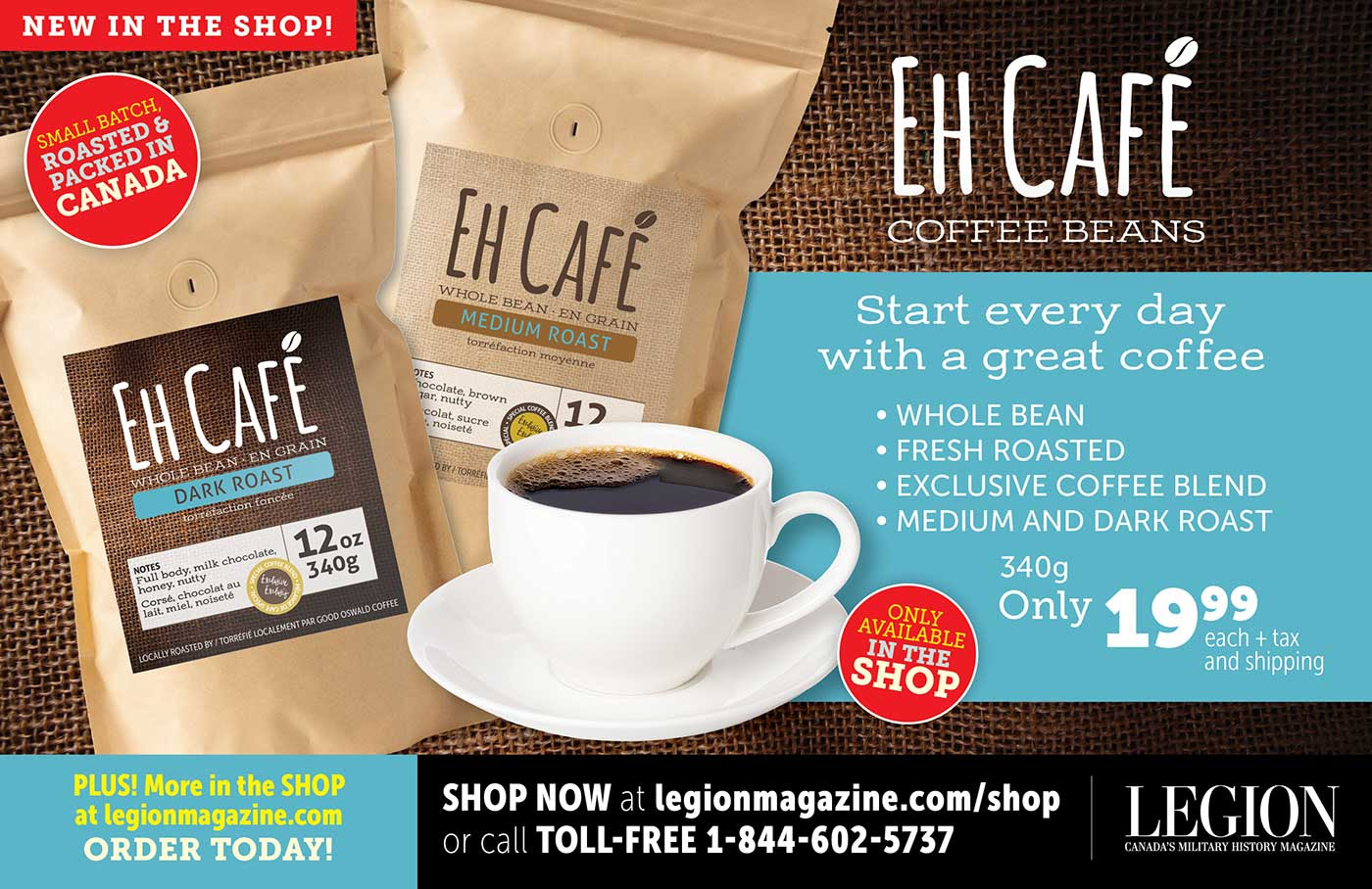 Image: Eh Cafe dark roast coffee
beans in a bag. $19.99.