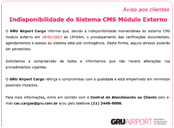 Comunicado GRU AIRPORT - Indisponibilidade do Sist