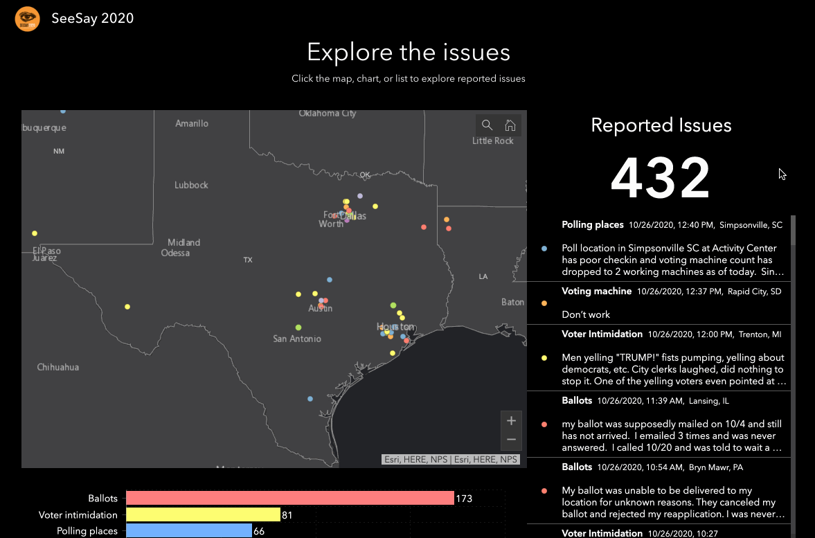 Reports are shown on a real time dashboard and a scrolling ticker tape of incidents.