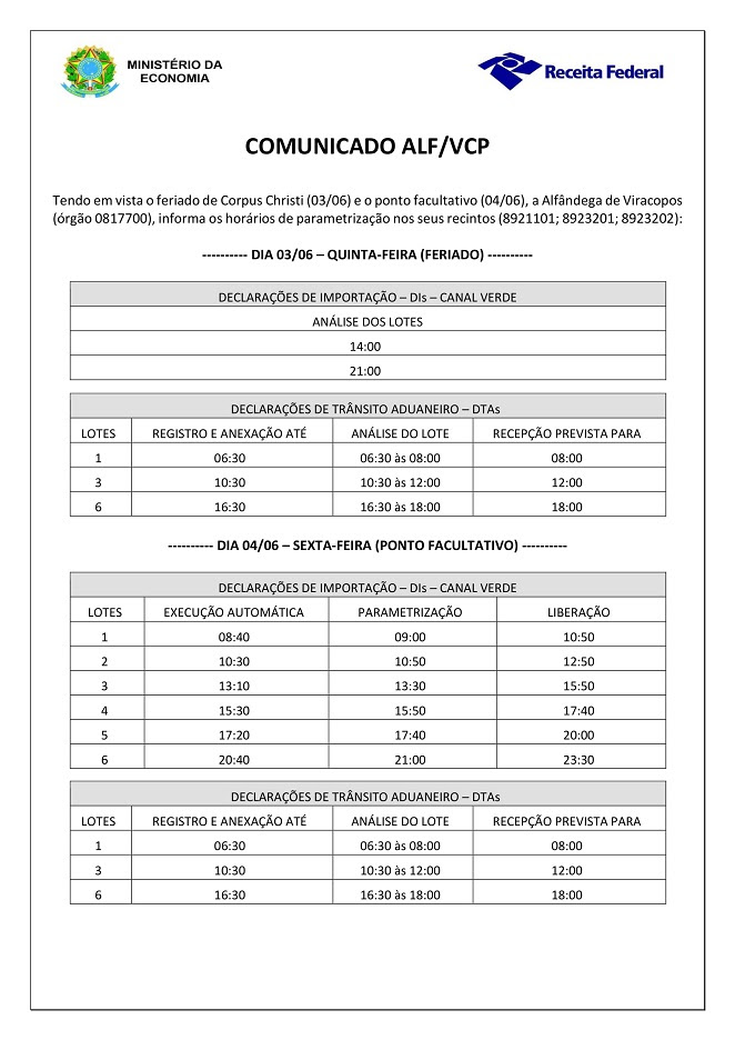 Comunicado Parametrização_feriado corpus christi e