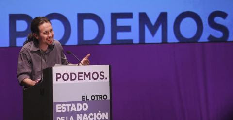 El secretario general de Podemos, Pablo Iglesias, durante su intervención en "El otro estado de la nación", en contraposición con el debate sobre el estado de la nación celebrado hoy en el Congreso de los Diputados, un acto realizado por el partido esta t