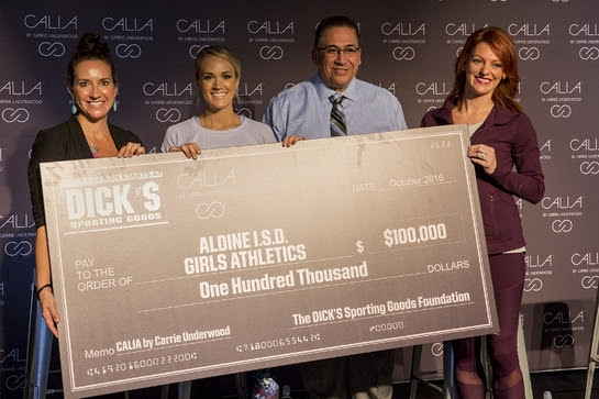  	CALIA by Carrie Underwood in partnership with The DICK'S Sporting Goods Foundation's Sports Matter program surprises unsuspecting athletes and coaches of the Aldine Independent School District with a $100,000 check donation