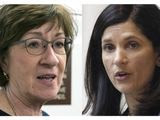 This pair of file photos shows incumbent U.S. Sen. Susan Collins, R-Maine, in 2019, left, and Maine House Speaker and Senate contender Sara Gideon, D-Freeport, right. Gideon raised more than double what Collins raised during the first quarter of 2020, according to financial disclosure reports. (AP Photos, File)