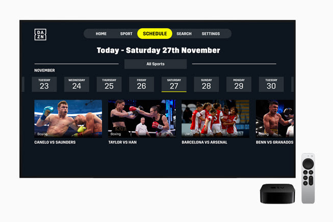 El calendario de eventos deportivos en DAZN, desarrollado por DAZN Group.