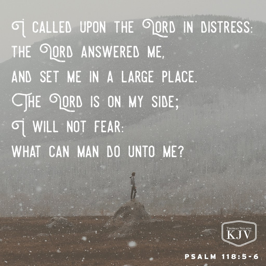 5 I called upon the Lord in distress: the Lord answered me, and set me in a large place.
6 The Lord is on my side; I will not fear: what can man do unto me?
Psalm 118:5-6