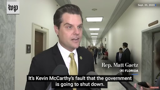 Matt Gaetz being interviewed in the halls of Congress with the closed caption: It is Kevin McCarthys fault that the government is going to shut down.
