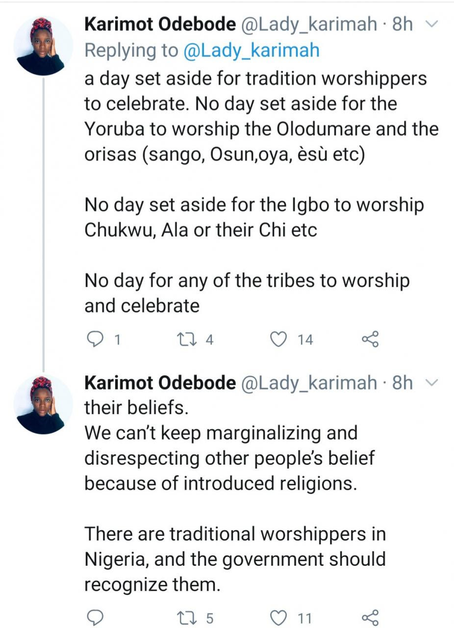 "It is unfair" Writer questions why Nigeria has Christian and Muslim holiday but none for traditional worshippers
