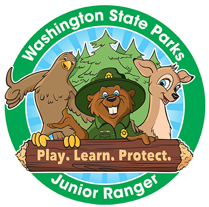 Graphic of Washington State Parks Junior Ranger Program mascots and motto: Play. Learn. Protect.