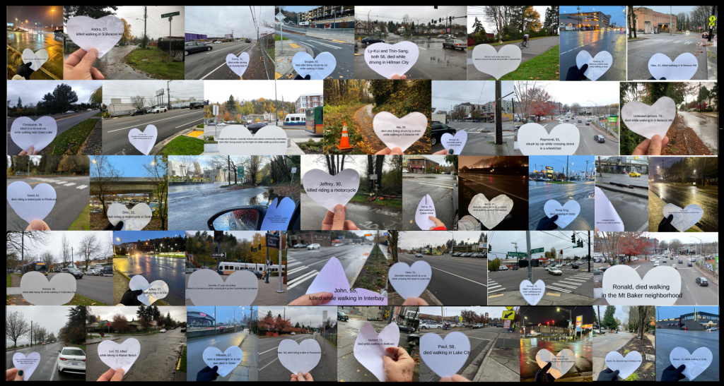 people holding cut out hearts at the scene of a crash with person's name on it