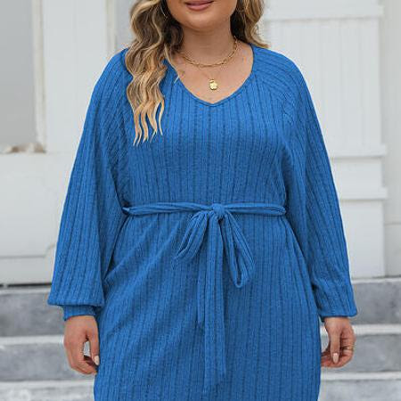 Plus Size Ribbed Tie Front Long Sleeve Sweater Dress