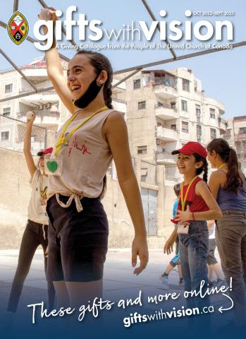 Cover of the 2022-2023 Gifts with Vision print catalogue showing girls in Damascus playing a game outdoors with highrise apartment buildings in the background.