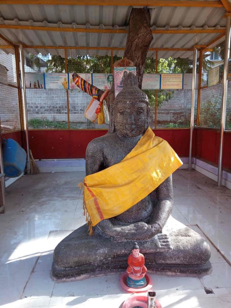 Ancient Buddha statue kept in Govt. C. M. Subbaraya Mudaliyar Higher Secondary School, Kanchi.