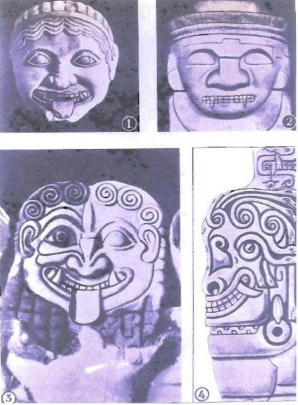 Imágenes de gorgonas americanas y mediterráneas (1. Atenas, 2. Colombia, 3. Sicilia (Italia) y 4. Perú), según aparecen representadas en la página 69 del libro del Dr. Enrico Mattievich "Viaje al Infierno Mitológico, el Descubrimiento de América por los Antiguos Griegos. Imágenes de gorgonas americanas y mediterráneas (1. Atenas, 2. Colombia, 3. Sicilia (Italia) y 4. Perú), según aparecen representadas en la página 69 del libro del Dr. Enrico Mattievich "Viaje al Infierno Mitológico, el Descubrimiento de América por los Antiguos Griegos.