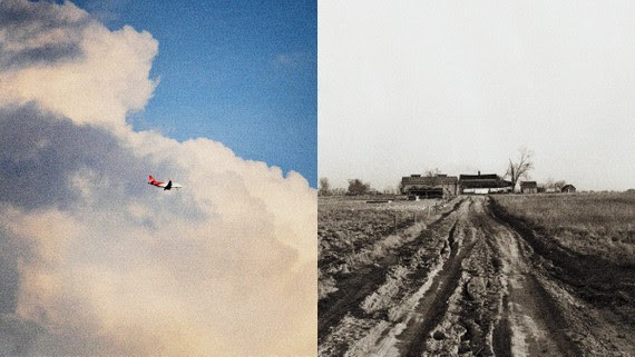 Side-by-side photos of a plane flying and a dirt road leading to a house
