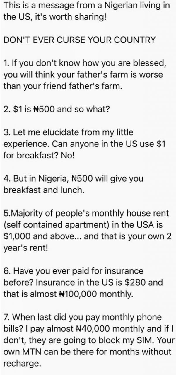 Trending message to Nigerians from a Nigerian living in the US sparks conversation