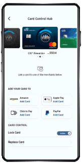 A cell phone rotates through 2 screens that show the process of adding your Citi Card to Amazon