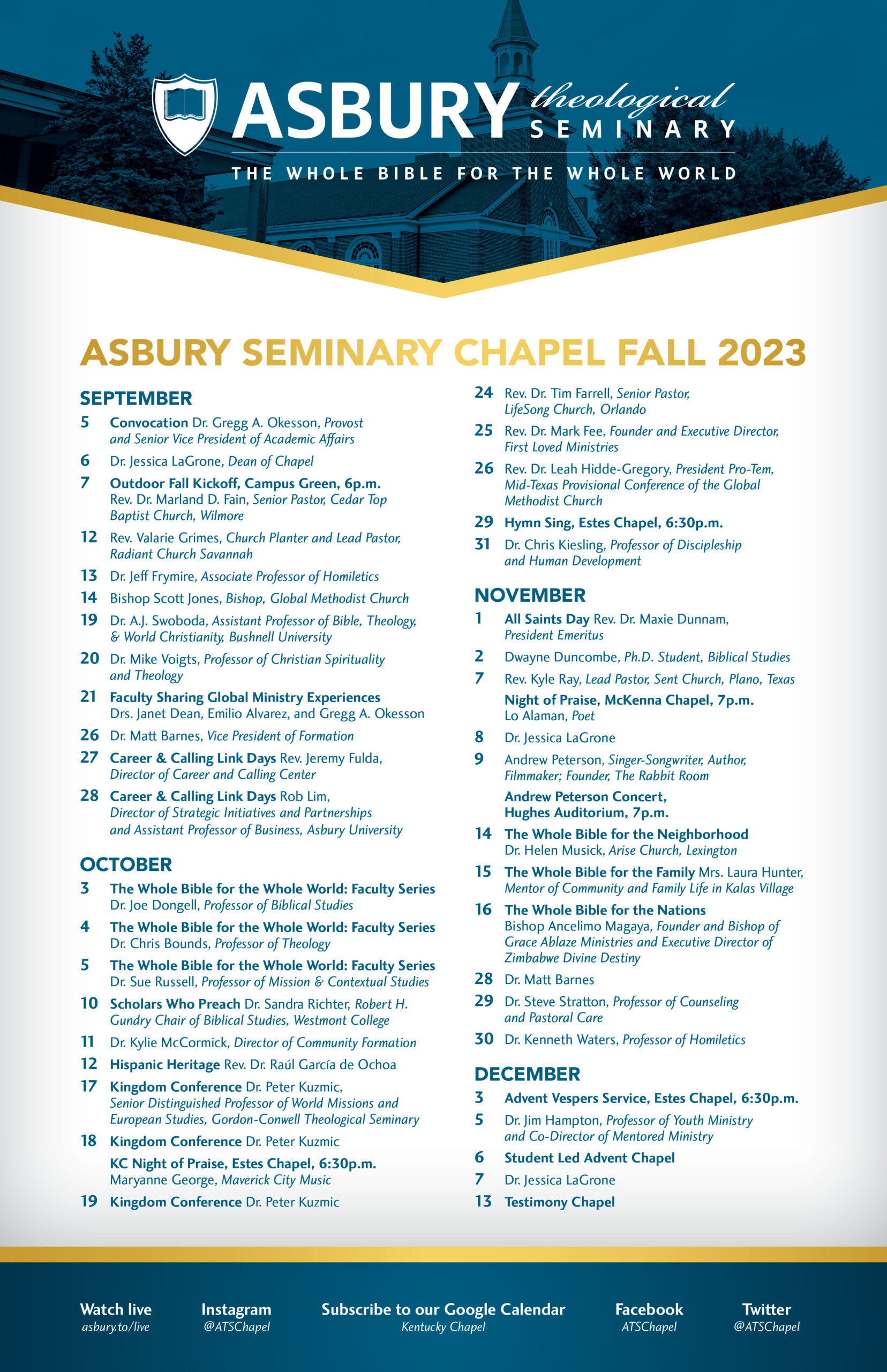 Fall 2023 Chapel Schedule Asbury Theological Seminary Asbury