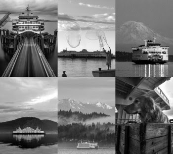 Photo of six black and white photos of ferries with various background elements