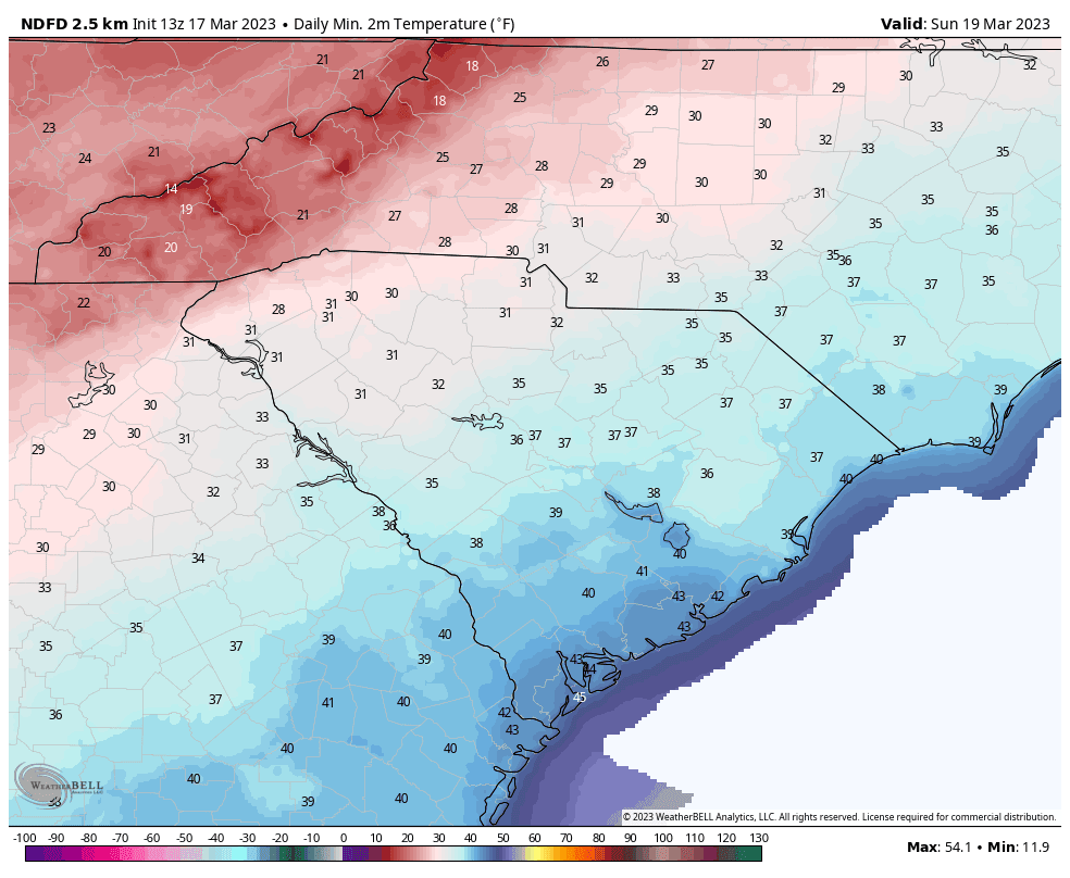 The Sunday morning forecast lows across South Carolina from the National Weather Service.